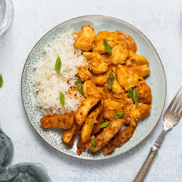 Chicken Curry With Rice, Homemade Chips